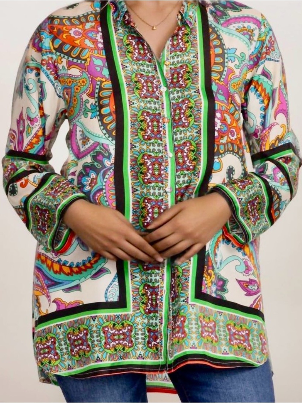 Womens Multicolor Paisley Button-Front Tunic Top Johnny Was Delia tunic